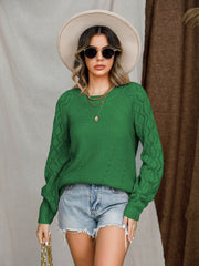Green diamond-cut raglan knit sweater with crew neck and long sleeves