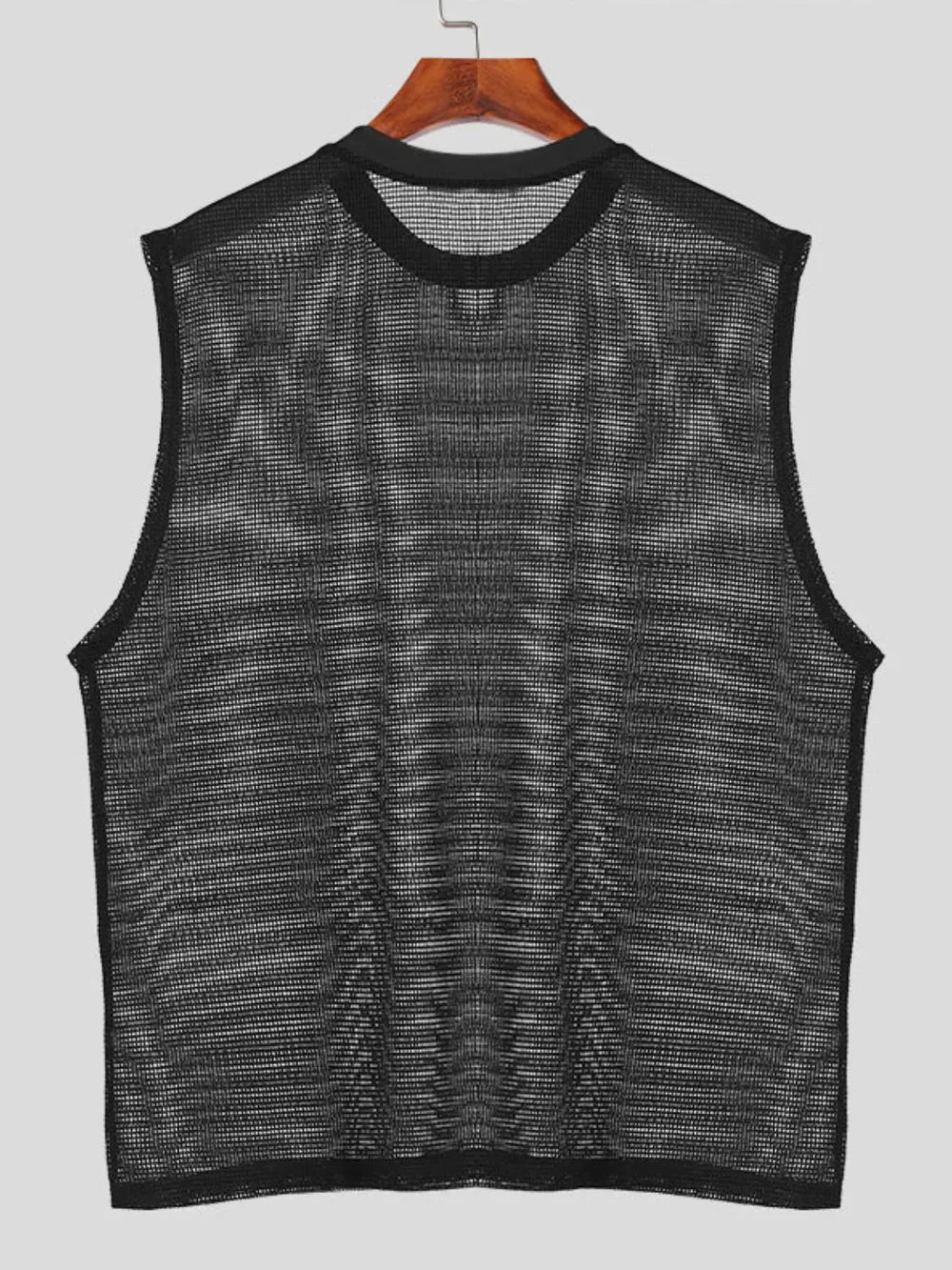 Black open-knit sleeveless mesh tank top with crew neck