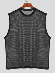 Black open-knit sleeveless mesh tank top with crew neck