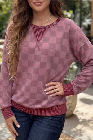 Ribbed Trim Checkered Pullover Shirt, front view