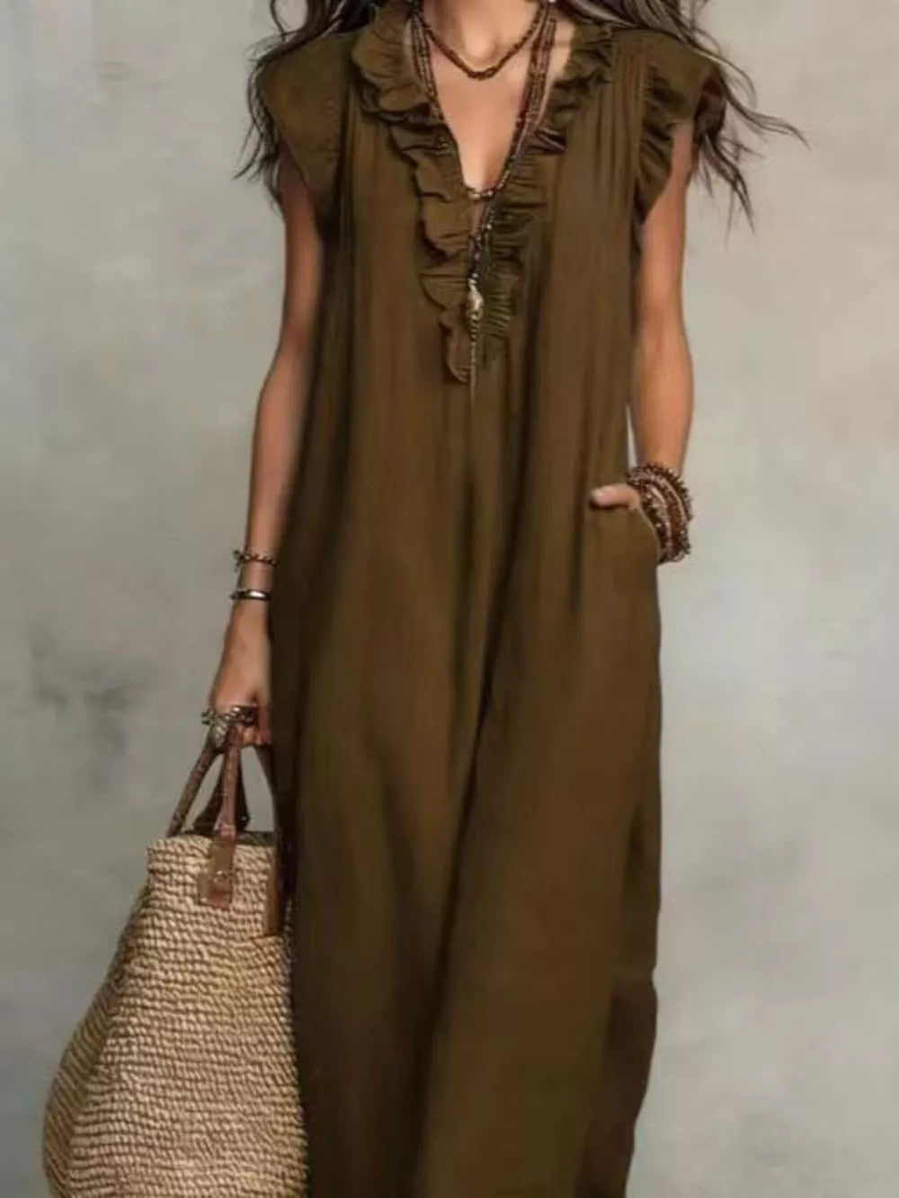 Bohemian Ruffle Neck Maxi Dress Plus Size in Blue, alternate angle