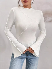 White lettuce edge flare sleeve t-shirt with contrast stitching and mock neck