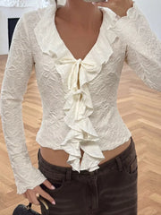 Ruffled Long-sleeve Tie-front Blouse, model styling view