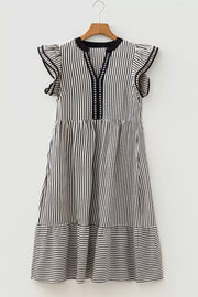 Black and white striped cotton midi dress with tiered skirt and ruffle sleeves.