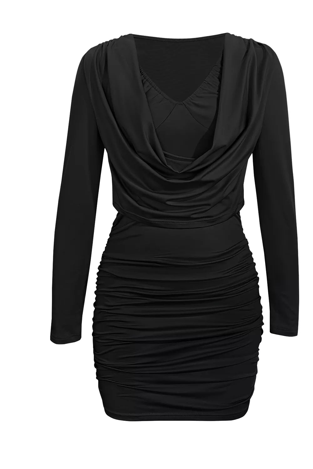 Ruched Cowl Neck Long Sleeve Mini Dress, side view