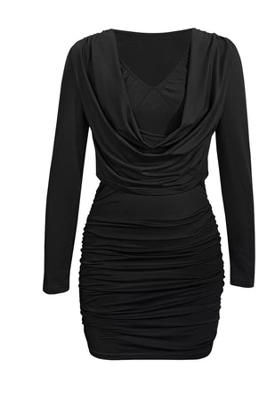 Ruched Cowl Neck Long Sleeve Mini Dress, side view