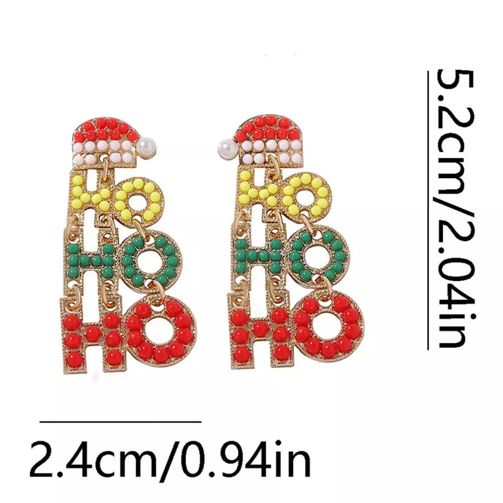 Festive HO HO HO drop earrings with Santa hats, red, green, yellow beads, 18k gold accents.