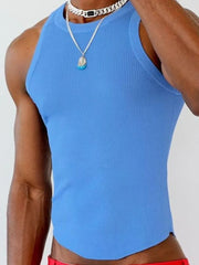 Blue ribbed tank top with asymmetric hem and crew neck