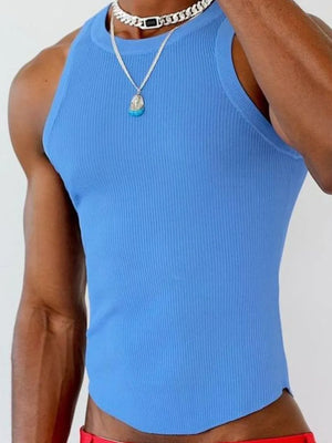 Blue ribbed tank top with asymmetric hem and crew neck