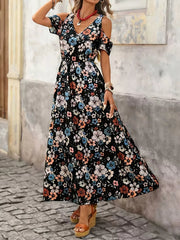 Cold Shoulder Floral Print Maxi Dress in Black, model styling view