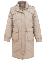 Khaki diamond quilted hooded puffer coat with snap pockets and a full zip front.
