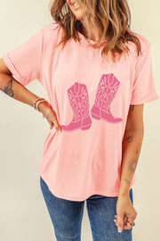Graphic round neck tee in blush pink with a pink cowboy boot graphic and cuffed sleeves.