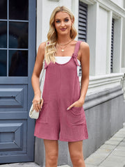Deep Rose ribbed romper overalls with tie straps and front pockets