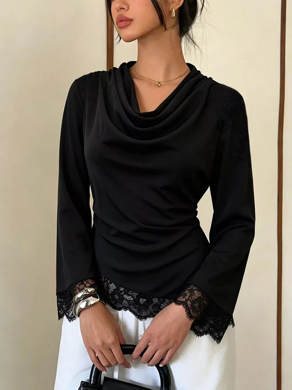 Lace Trim Cowl Neck Blouse in Black, front view