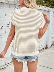 Textured stripe knit top in white and tan with cap sleeves.