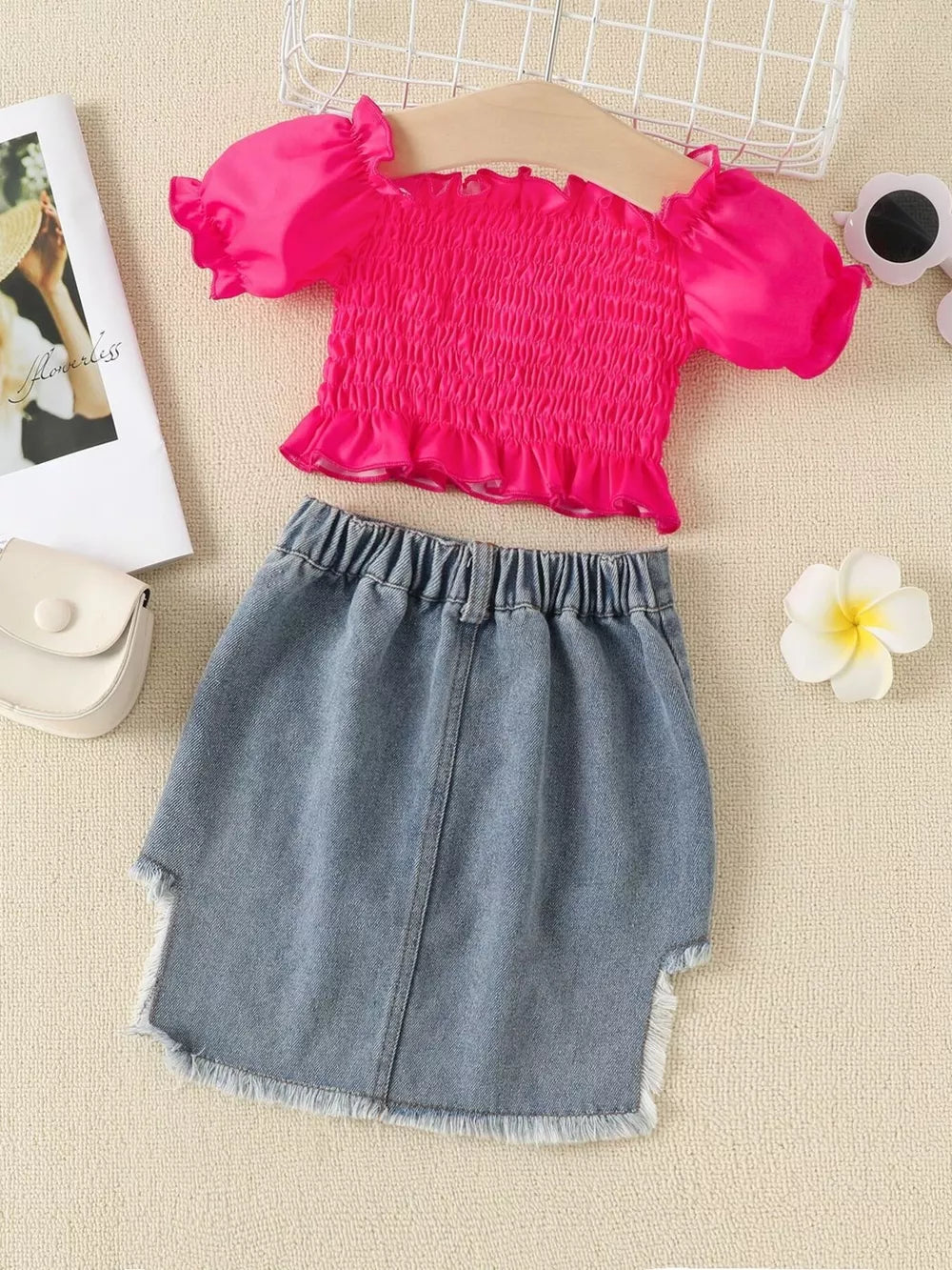 Children's Smocked Top And Denim Skirt Set in Rose Red, fit detail