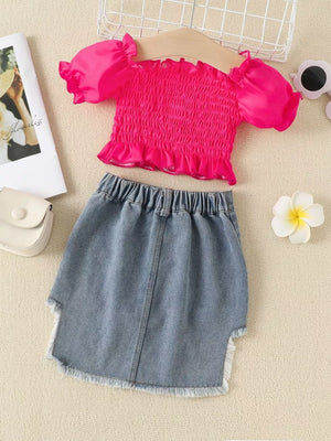 Children's Smocked Top And Denim Skirt Set in Rose Red, fit detail