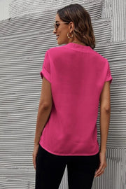 Hot Pink Plunge Front Cuffed Sleeve Blouse with a relaxed fit.
