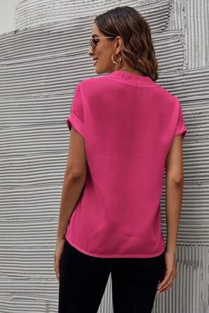 Hot Pink Plunge Front Cuffed Sleeve Blouse with a relaxed fit.