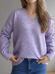 Relaxed-fit V-neck knit sweater in Pink Purple with ribbed hem and cuffs.