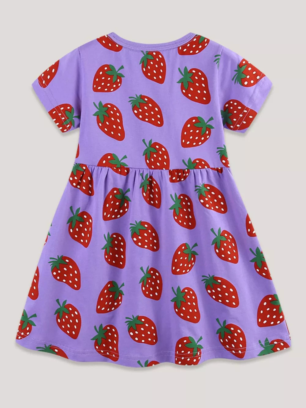 Purple toddler dress with allover red strawberry print and short sleeves.