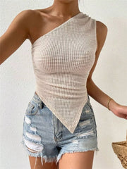 Asymmetrical waffle knit tank top in apricot with a one-shoulder design.
