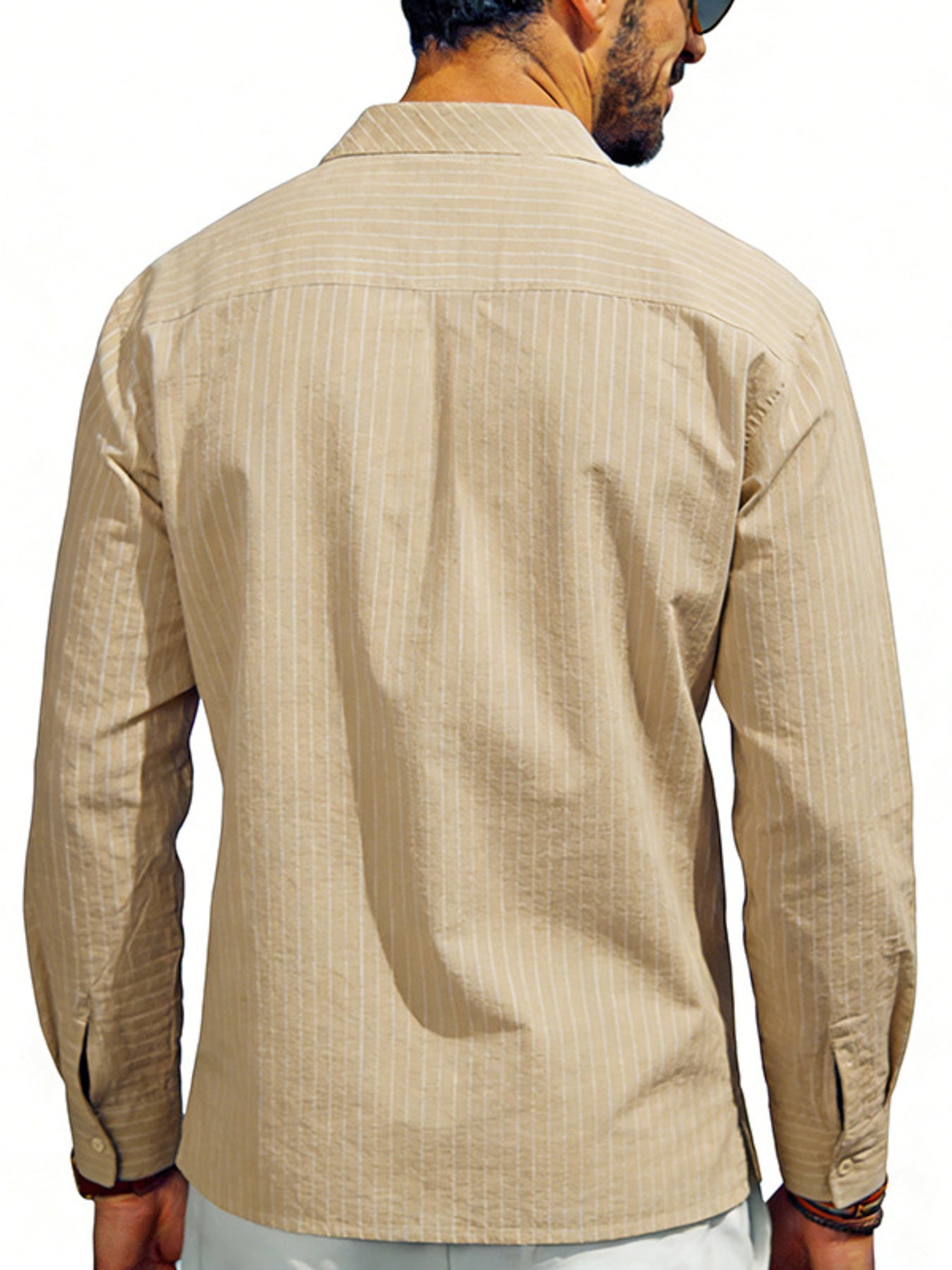 Men's khaki long sleeve cotton blend shirt with vertical white pinstripes.