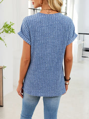 Light blue ribbed knit v-neck t-shirt with cuffed short sleeves and buttons.