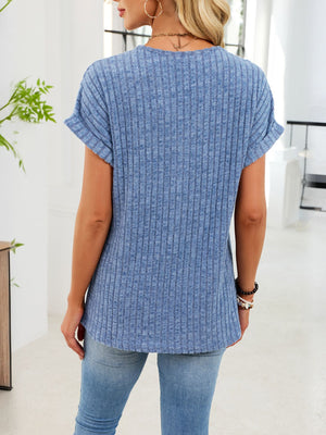 Light blue ribbed knit v-neck t-shirt with cuffed short sleeves and buttons.