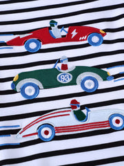 Black and white striped long-sleeve tee with embroidered racing cars.