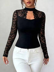 Lace Trim Cutout Front Top in Black, front view