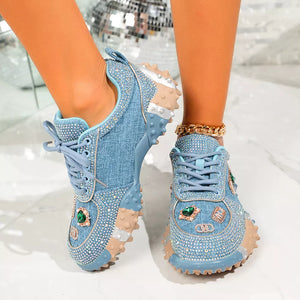 Rhinestone Round Toe Sneakers in Blue, model styling view