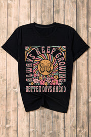 Black graphic tee with butterfly, flowers, and "Better Days Ahead" text.