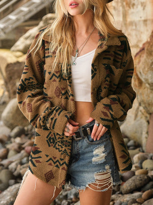 Brown Aztec sherpa overshirt jacket with button front and pockets, styled with denim shorts.