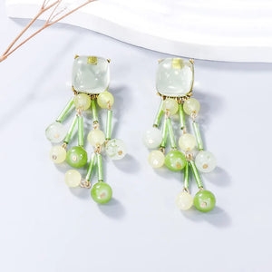Beaded cascade statement earrings in Gum Leaf green with acrylic and alloy beads.