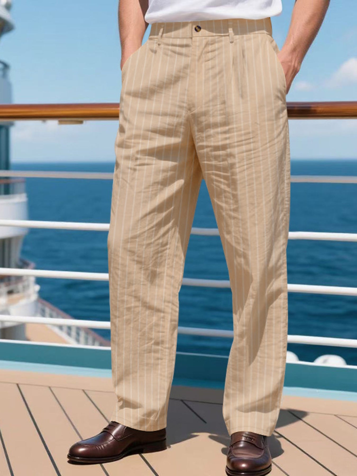 Men's khaki striped wide-leg sweatpants with pleats and pockets.