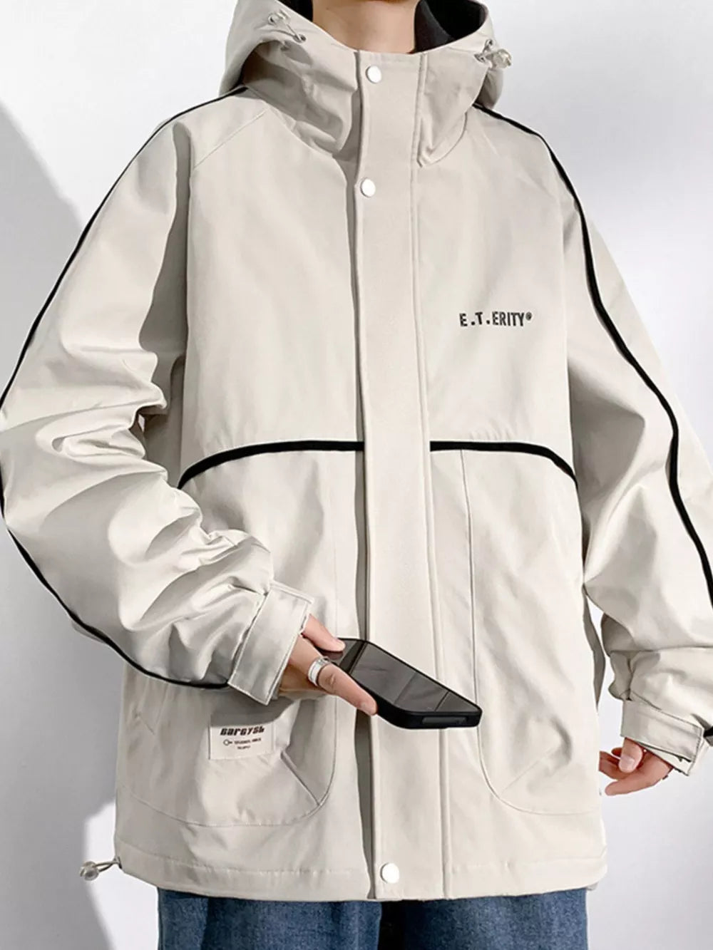 Men's Plus Size Contrast Trim Zip Up Jacket in Light Khaki, close-up detail