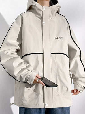 Men's Plus Size Contrast Trim Zip Up Jacket in Light Khaki, close-up detail