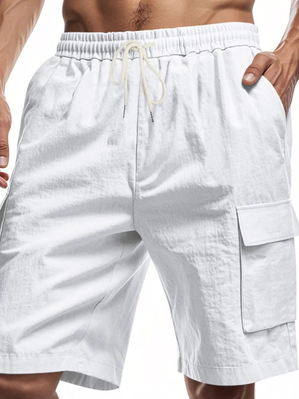 White relaxed fit drawstring cargo shorts with utility pockets.