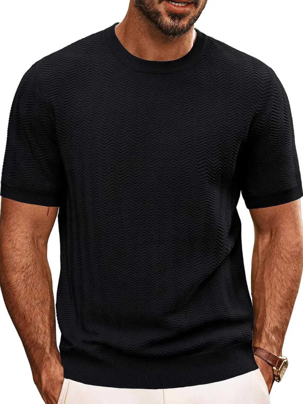 Black chevron knit crew neck tee with short sleeves and ribbed hem.