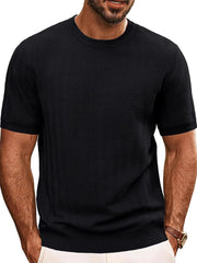 Black chevron knit crew neck tee with short sleeves and ribbed hem.