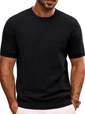 Black chevron knit crew neck tee with short sleeves and ribbed hem.