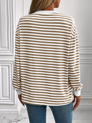 Horizontal stripe crewneck sweatshirt with cuffs in mocha and white, featuring ribbed cuffs and hem.