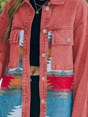 Oversized trucker jacket in strawberry with Aztec print panels and button front.