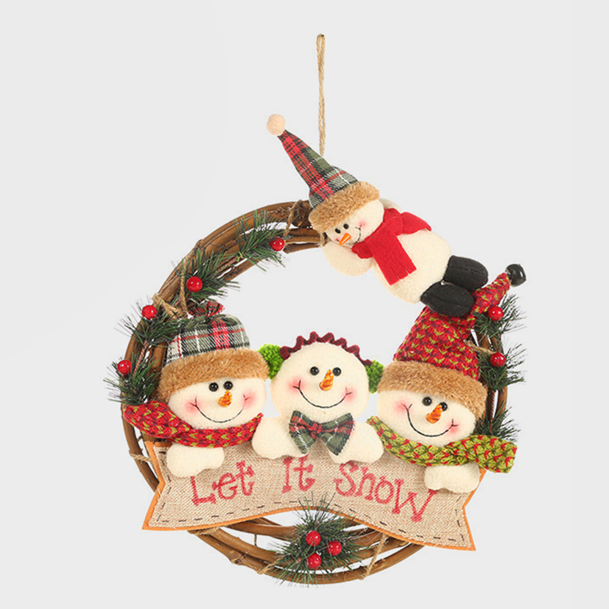 Festive wreath with plush snowmen figures, red scarves, plaid hats, and "Let It Snow" banner.