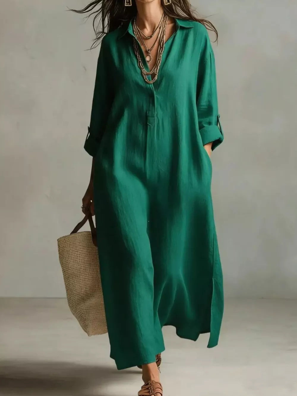 Full Size Casual Midi Shirt Dress Plus Size in Black, view 11