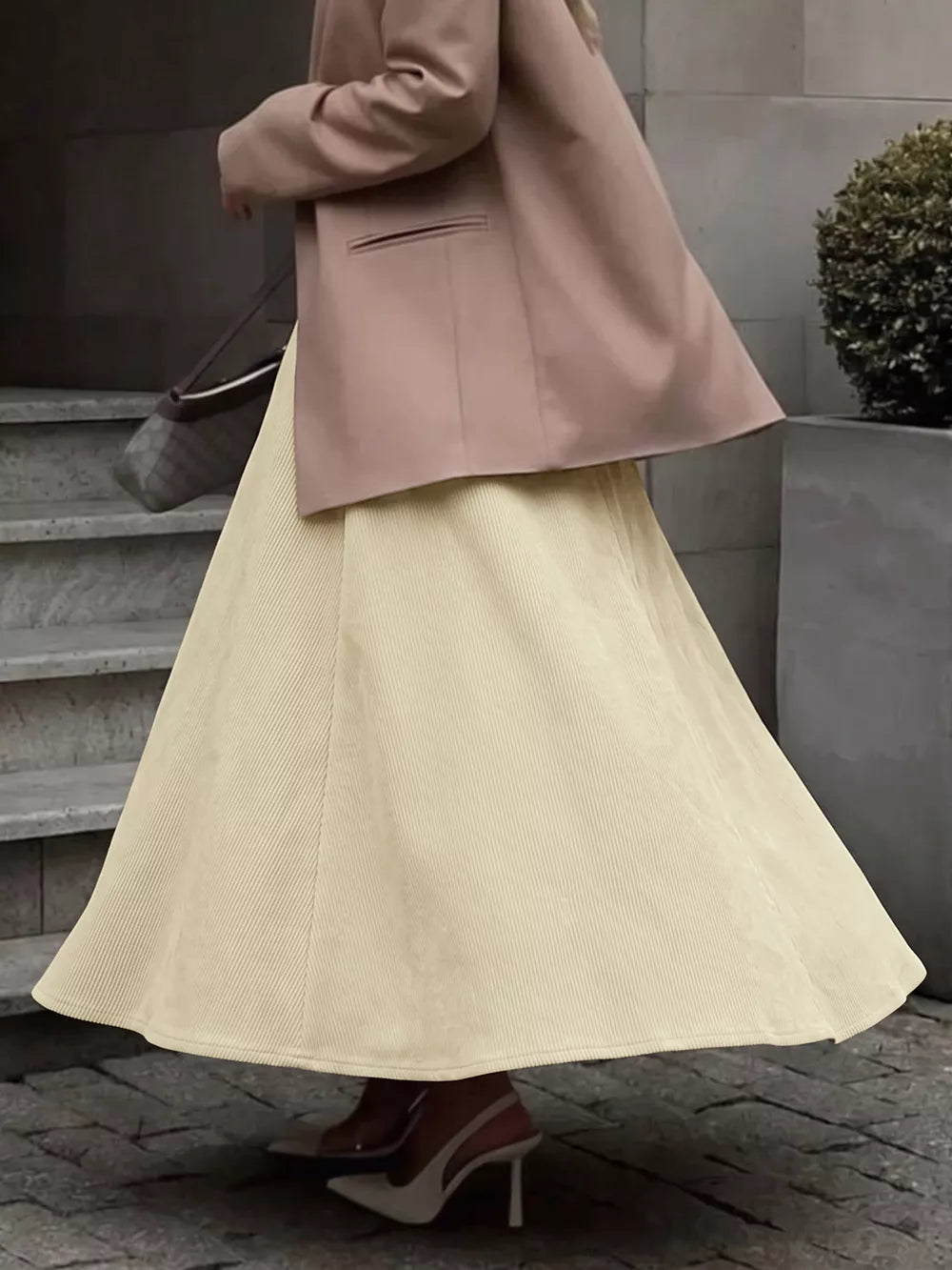High Waist Pleated Midi Skirt in Khaki, fabric detail