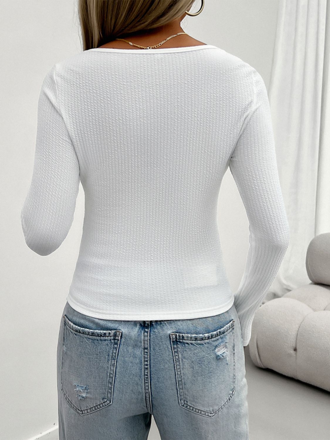 White textured knit scoop neck sweater with lace detail