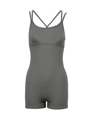 Grey active romper with scoop neck and criss-cross straps, cotton blend.