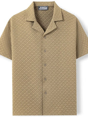 Khaki textured quilted camp collar short sleeve shirt
